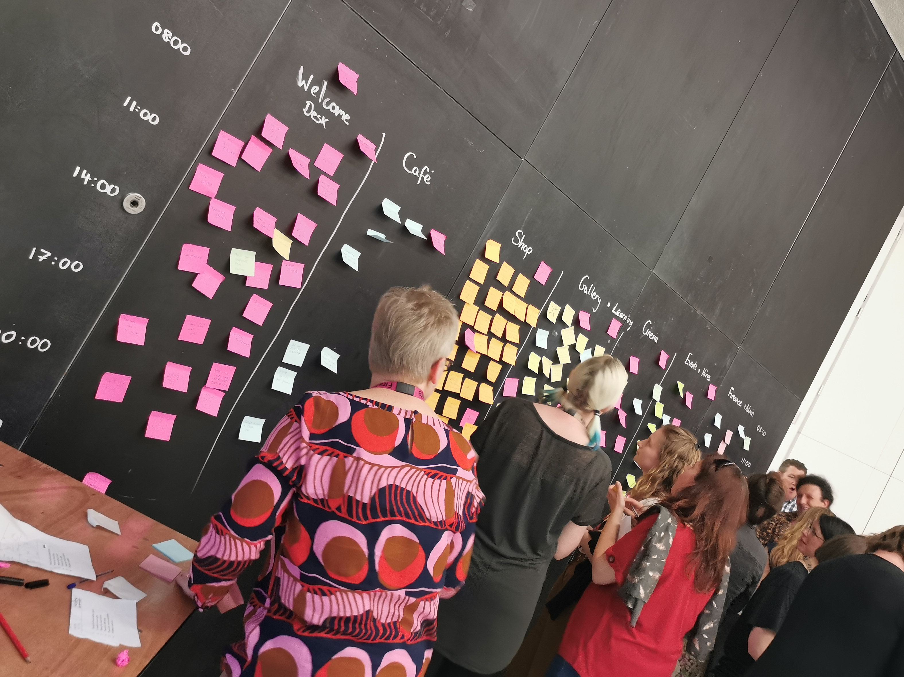 Group of people putting post it's on a long black wall